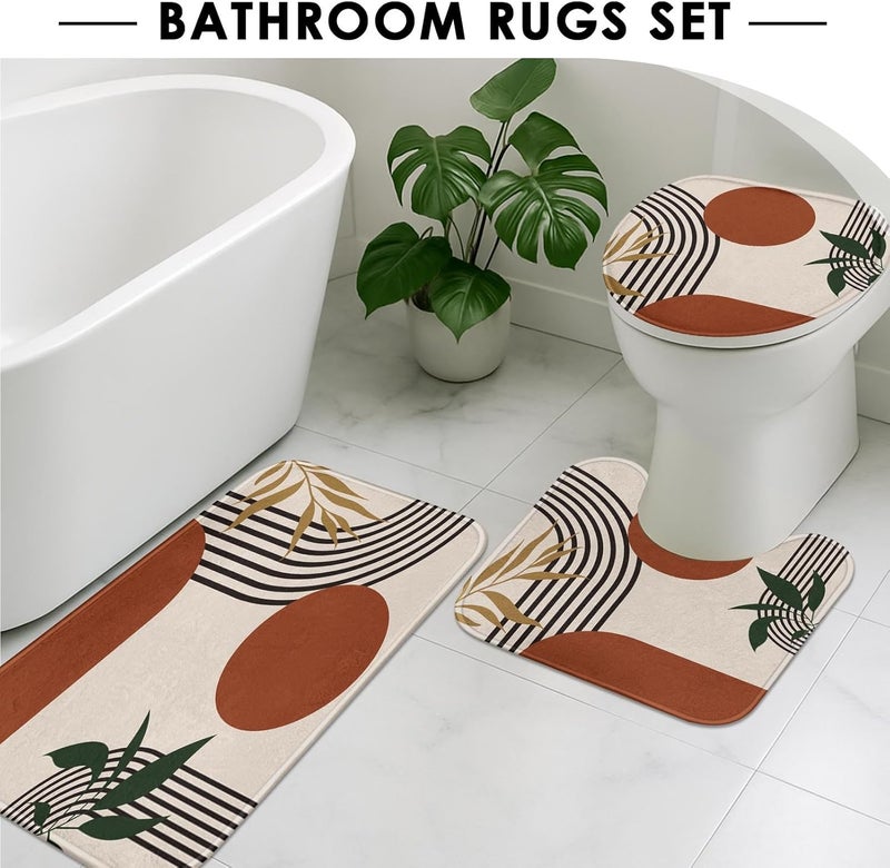 Tayney Boho Mid Century Shower Curtain Set with Toilet Lid Cover and Non-Slip Rugs, Abstract Geometric 4 Pcs Modern Minimalist Shower Curtain for Bathroom Set with 12 Hooks - Image 5